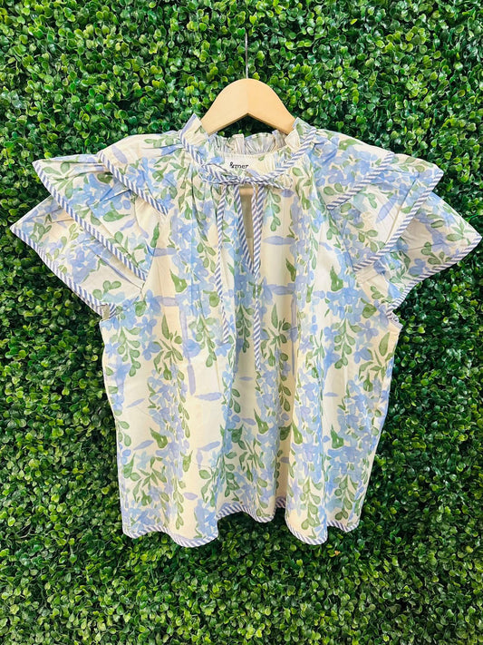 Floral Blue Ruffle Top