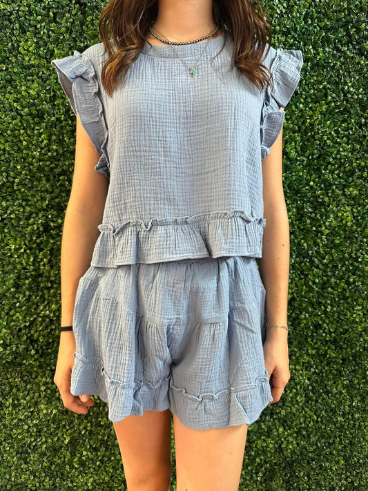 Blue Ruffle Shirt Short Set